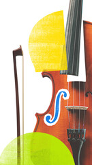 Artwork. Close-up of violin with bow with colorful geometric shapes in yellow and green against transparent background. Creativity. Textured effect. Concept of music festivals, party.