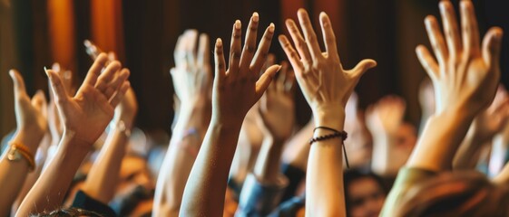 Many raised hands reaching up in an outdoor celebration, symbolizing unity and enthusiasm amidst a vibrant forest backdrop.