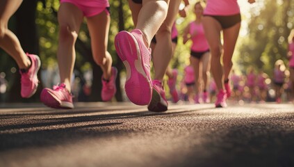 A group of women in pink running shoes and capri pants doing the brisk walk for cancer, a close-up shot focusing on their feet wearing bright sneakers as they make their way down an outdoor road durin