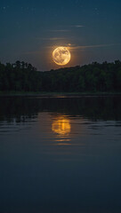A glowing full moon casting light over a calm, glassy lake
