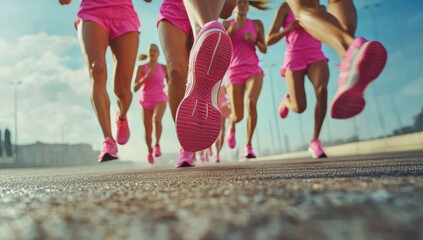 A group of women in pink running shoes and capri pants doing the brisk walk for cancer, a close-up shot focusing on their feet wearing bright sneakers as they make their way down an outdoor road durin