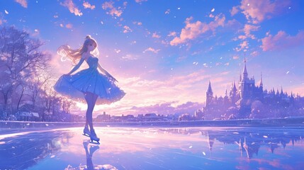 Ice Skating on a Magical Winter Evening. generative ai illustration.