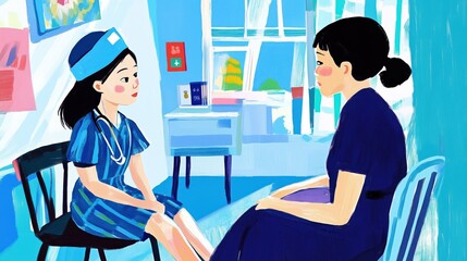Obraz premium Caring korean nurse and daughter in a bright hospital room setting for healthcare concepts