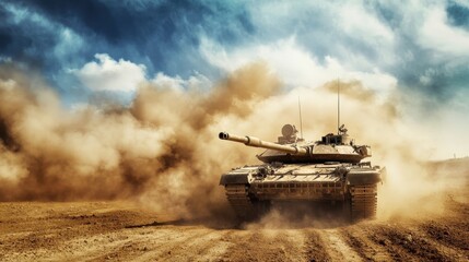 A tank is driving through a dusty desert. The tank is surrounded by a cloud of smoke, which is likely from the exhaust of the engine. The scene is intense and dramatic