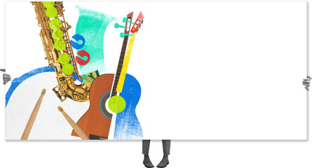 Colorful collage of musical instruments, including saxophone, guitar, drums, and cymbals, being held up by pair of hands against transparent background. Concept of art, music festivals, party.