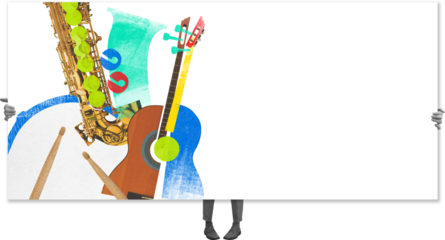 Colorful collage of musical instruments, including saxophone, guitar, drums, and cymbals, being held up by pair of hands against transparent background. Concept of art, music festivals, party.