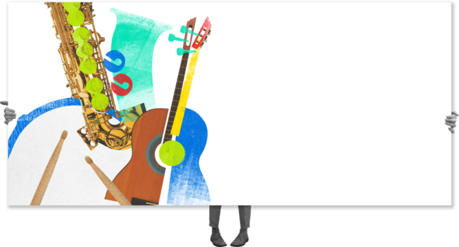 Colorful collage of musical instruments, including saxophone, guitar, drums, and cymbals, being held up by pair of hands against transparent background. Concept of art, music festivals, party.