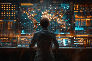 assistant reviewing bankruptcy options, virtual assistant assessing financial options, futuristic office with holographic displays, AI Generative