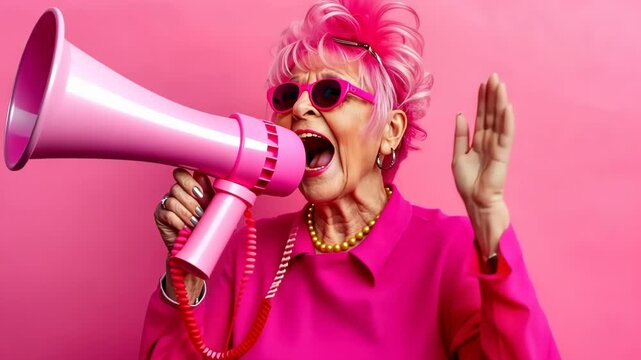 Energetic elderly woman with pink hair enthusiastically shouting through a pink megaphone against a vibrant pink background. Screaming in megaphone. Business announcement or communication concept