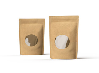 Render of a paper stand-up pouch with a transparent window on light background