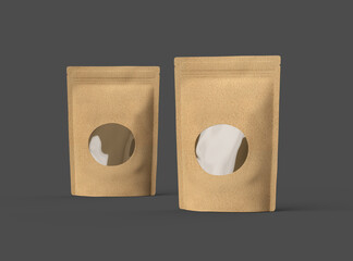 Render of a paper stand-up pouch with a transparent window on dark background