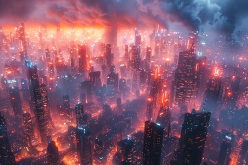 Naklejka premium cityscape with holographic foreclosure signs, bankruptcy, glowing city with foreclosure signs, high-tech urban environment, serious and somber tone, AI Generative