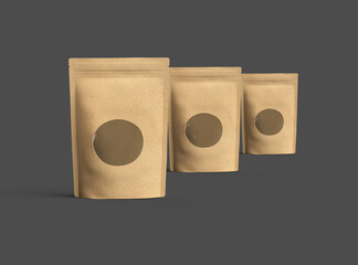 Render of a paper stand-up pouch with a transparent window on dark background