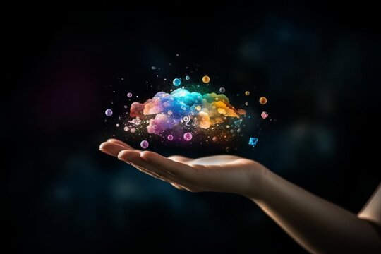 Cloud of social media network icons in businessman's hand, modern and professional, vibrant and dynamic, digital innovation, engaging and futuristic, AI Generative