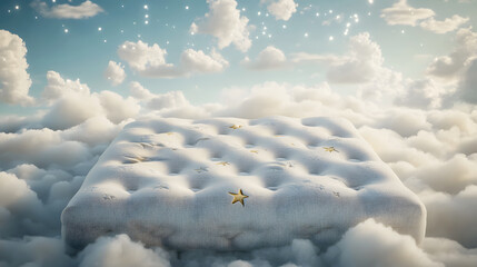 Fototapeta premium creative, playful representation of a cotton-covered mattress, with elements of the sky