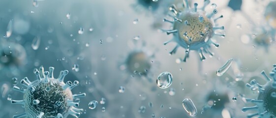 A magnified view of microscopic virus particles suspended in a misty, aqueous environment, highlighting their detailed structure and dynamic movement.