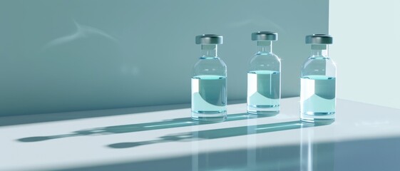 Naklejka premium Three crystal-clear glass vials standing in a row casting distinct shadows, against a soft pastel background.