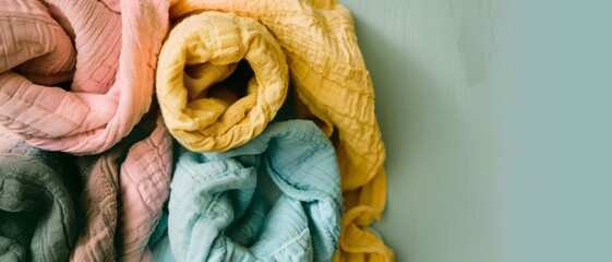 Soft, colorful fabrics are artfully rolled, showcasing a vibrant palette and cozy textures, perfect for textiles and crafts.