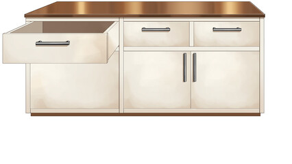 左上の引き出しが開いているキッチンボード