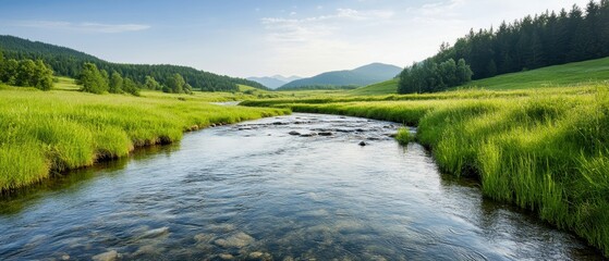 A serene river flows through lush green fields, framed by mountains under a clear blue sky, perfect for nature lovers and tranquility seekers.