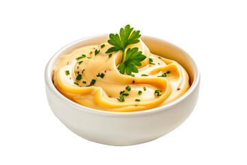 Closeup of creamy Truffle mayonnaise in a white bowl isolated on white transparent background. Concept of food, dip, condiment, and cuisine