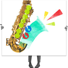 Unrecognizable person holds in hands poster with saxophone with colorful abstract shapes against...