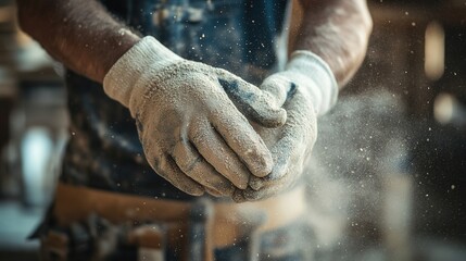 Close-up of a worker male hands with work gloves on, clapping to remove sawdust while working in the workshop at home.