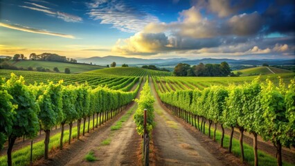 Fototapeta premium Vineyards with lush grape vines stretching across the landscape, wine, grapes, winemaking, agriculture, scenic