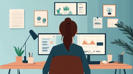 Woman working at her computer with charts and graphs.