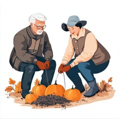 Old couple picking pumpkins in a farm field, harvest season, cartoon style, bright colors, isolated on white background