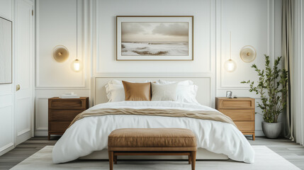 Hotel-Inspired Bedroom with White Walls Luxury Frames and Cozy Decor