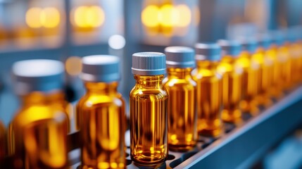 A close-up of amber vials on a production line, showcasing the manufacturing process in a modern laboratory setting.