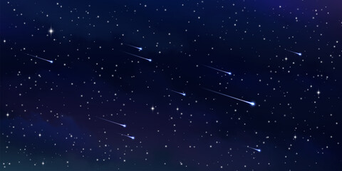 Starry space sky. Realistic vector dark cosmos with comets and asteroids, shooting stars with trails, bolides with blue luminous traces streak across night heaven. Cosmic meteorites in far galaxy © Buch&Bee
