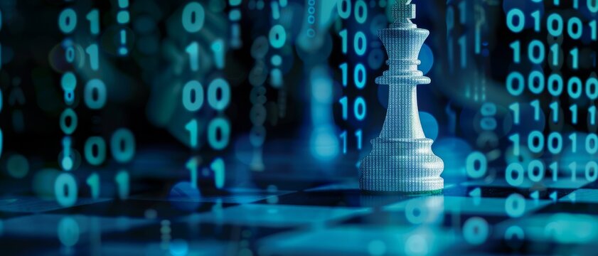 A white chess piece under a digital code matrix backdrop, combining elements of strategy and technology in a futuristic theme.