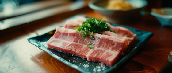 Freshly cut slices of marbled meat garnished with green onions, arranged on a black ceramic plate, showcasing culinary temptations and gourmet presentation.