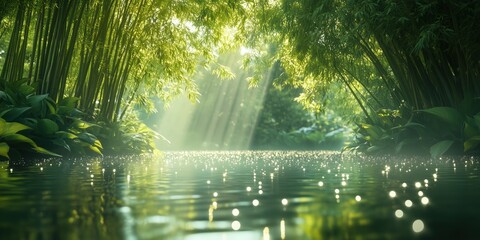 Obraz premium Calm bamboo forest with soft sunlight and sparkling water, creating a tranquil and natural scene ideal for meditation, relaxation, and nature-inspired visuals.