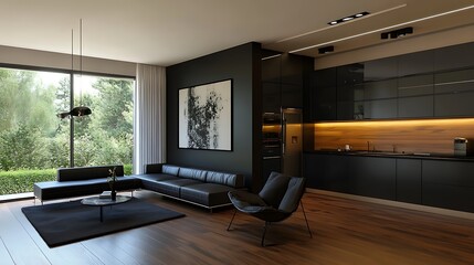 Modern Living Room with Open Kitchen Interior Design