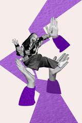 Vertical photo collage of happy korean girl celebrity people palms admire high five gesture success...