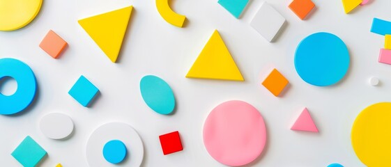 A dynamic spread of various geometric shapes in pastel tones on a white surface, forming a visually appealing and orderly layout.