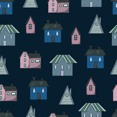 houses seamless pattern on dark background. wrapping paper, digital paper, background.