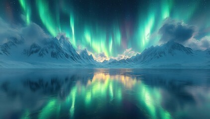 Naklejka premium Aurora Borealis Reflecting on a Frozen Lake