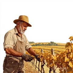Senior farmer trimming vines in a vineyard, rural landscape, oil painting style, earthy tones, isolated on white background