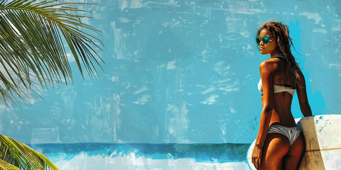Woman with surfboard on blue wall background.