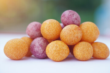 Deep fried sweet potato Balls. Concept, Thai street food. Fried food with high calorie and carbohydrate but delicious to eat as snack or dessert.             