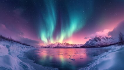 Aurora Borealis over Snowy Mountains
