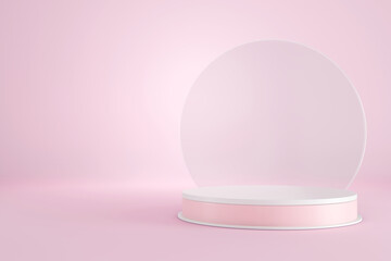 Podium cosmetic Product display stand production business light Pink color  background  3d rendering