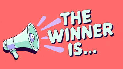 Bold retro-style megaphone illustration announcing "The Winner is..." with playful typography on a vibrant coral background, evoking excitement, celebration, and recognition in competition settings.

