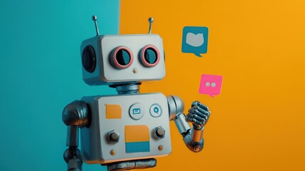 robot assistant managing social media tasks, sending messages, and scheduling posts for a business