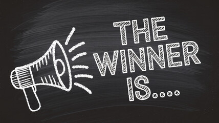 Chalkboard-style megaphone illustration with bold hand-drawn typography announcing "The Winner Is..." on a textured black background, emphasizing recognition, competition, and achievement in a playful