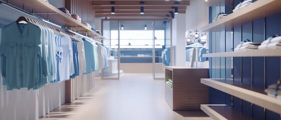 Fototapeta premium An upscale clothing store interior with neatly arranged shirts and accessories on modern shelves and bright, inviting lighting creating a refined shopping experience.
